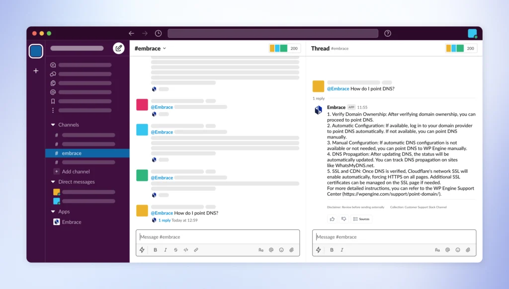 Screenshot of Embrace.ai being used in WP Engine's Slack workspace