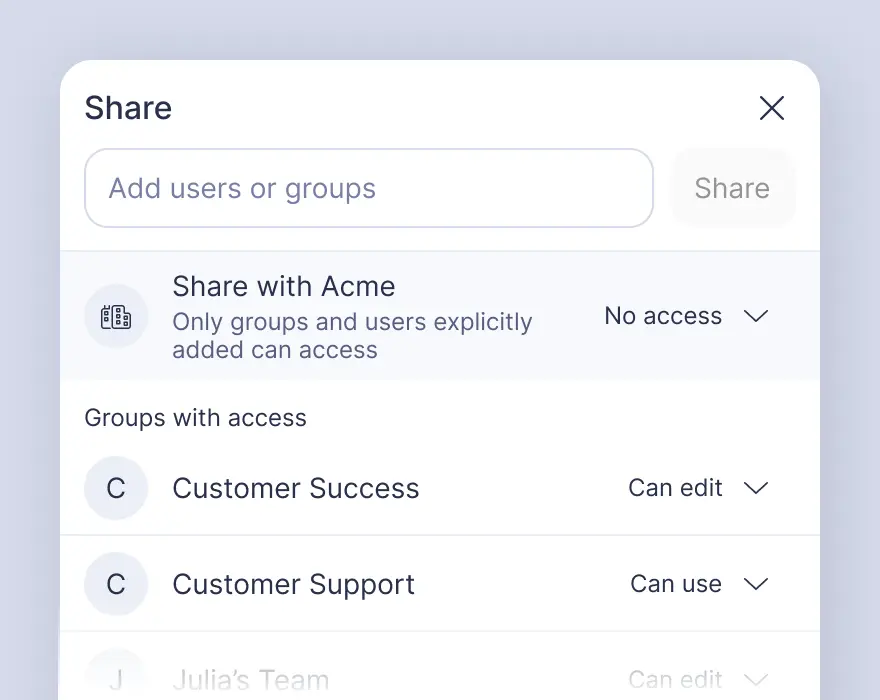 Embrace AI Automations permissions UI — setting role-based access controls for support teams