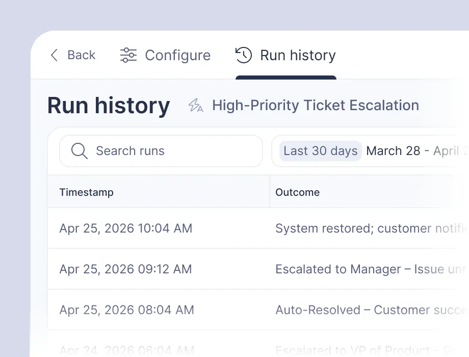 Embrace AI Automations Run History — reviewing timestamps and outcomes for an automated support workflow