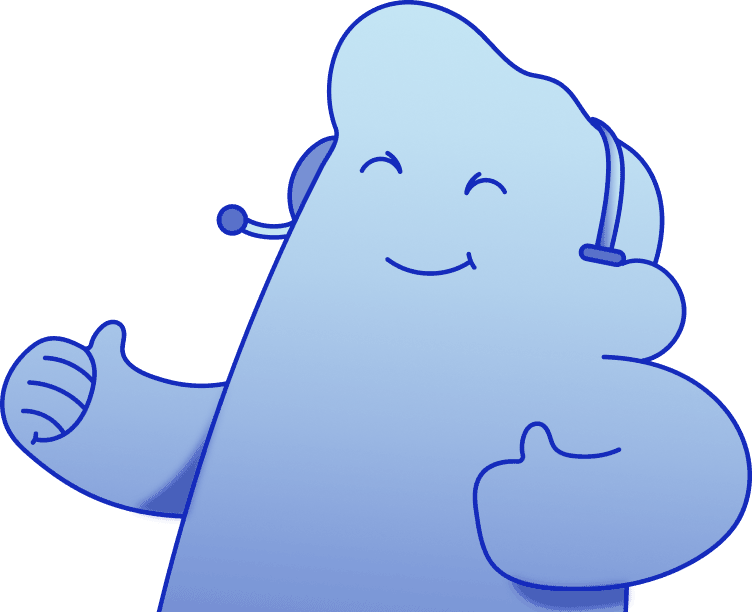 Marsh, the Embrace AI mascot, giving a thumbs up wearing a support headset