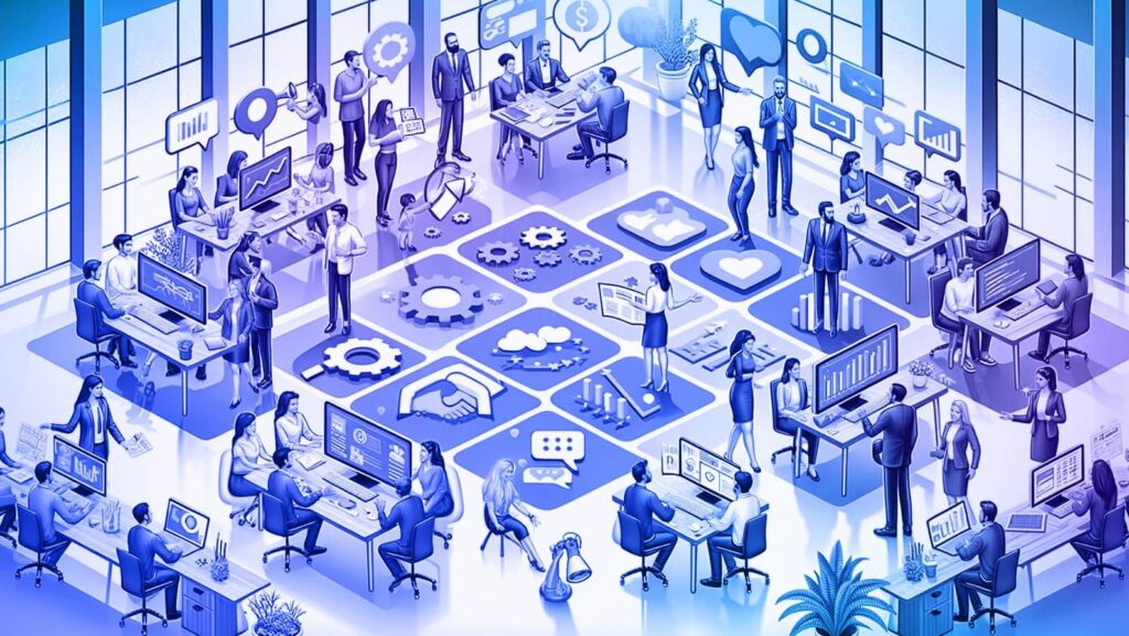 Image of a bustling office with dedicated employees working together to maximize Customer Lifetime Value (CLTV), symbolizing the collective effort needed to improve customer experience and company growth, as discussed in the blog post about how Embrace.ai can support these endeavors.