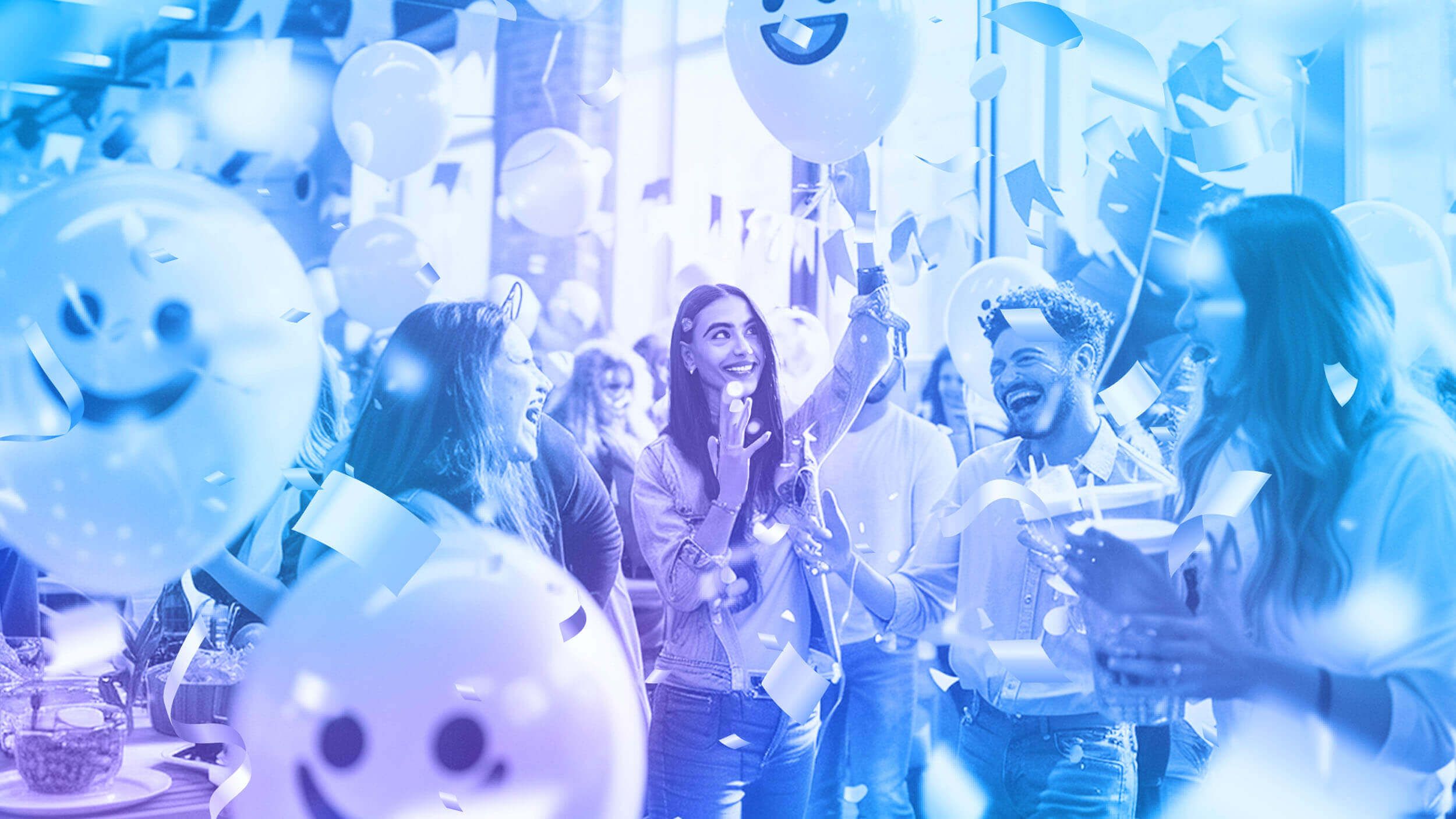 Image of a joyful office celebration with happy employees, flying confetti, and smiley face balloons, symbolizing the success and satisfaction derived from employee empowerment and customer satisfaction.