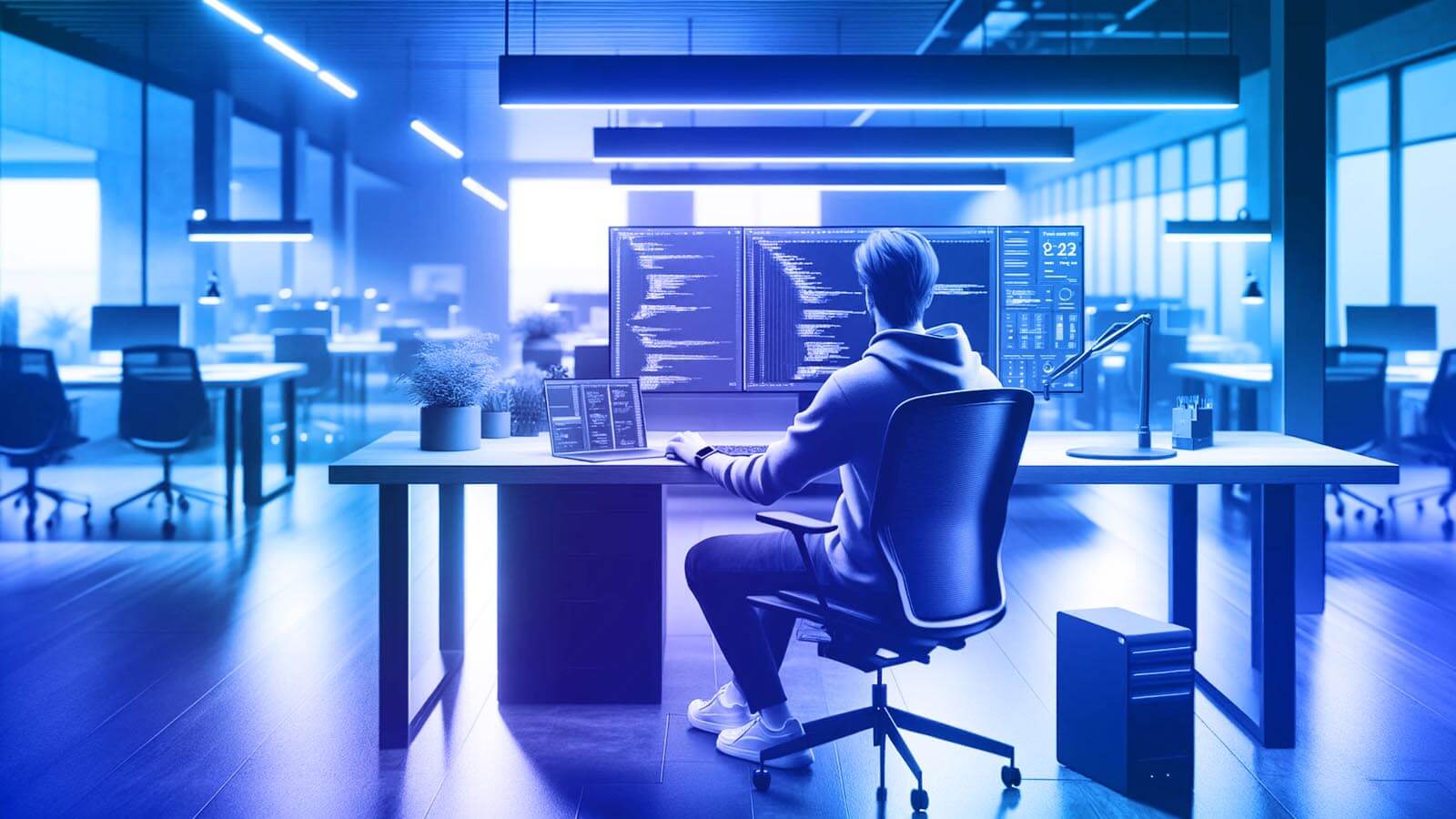 Image of a dedicated office worker engrossed in AI initiatives at his desk, symbolizing the commitment and perseverance necessary for driving AI innovation and its integration into business processes for improved productivity and expansion.