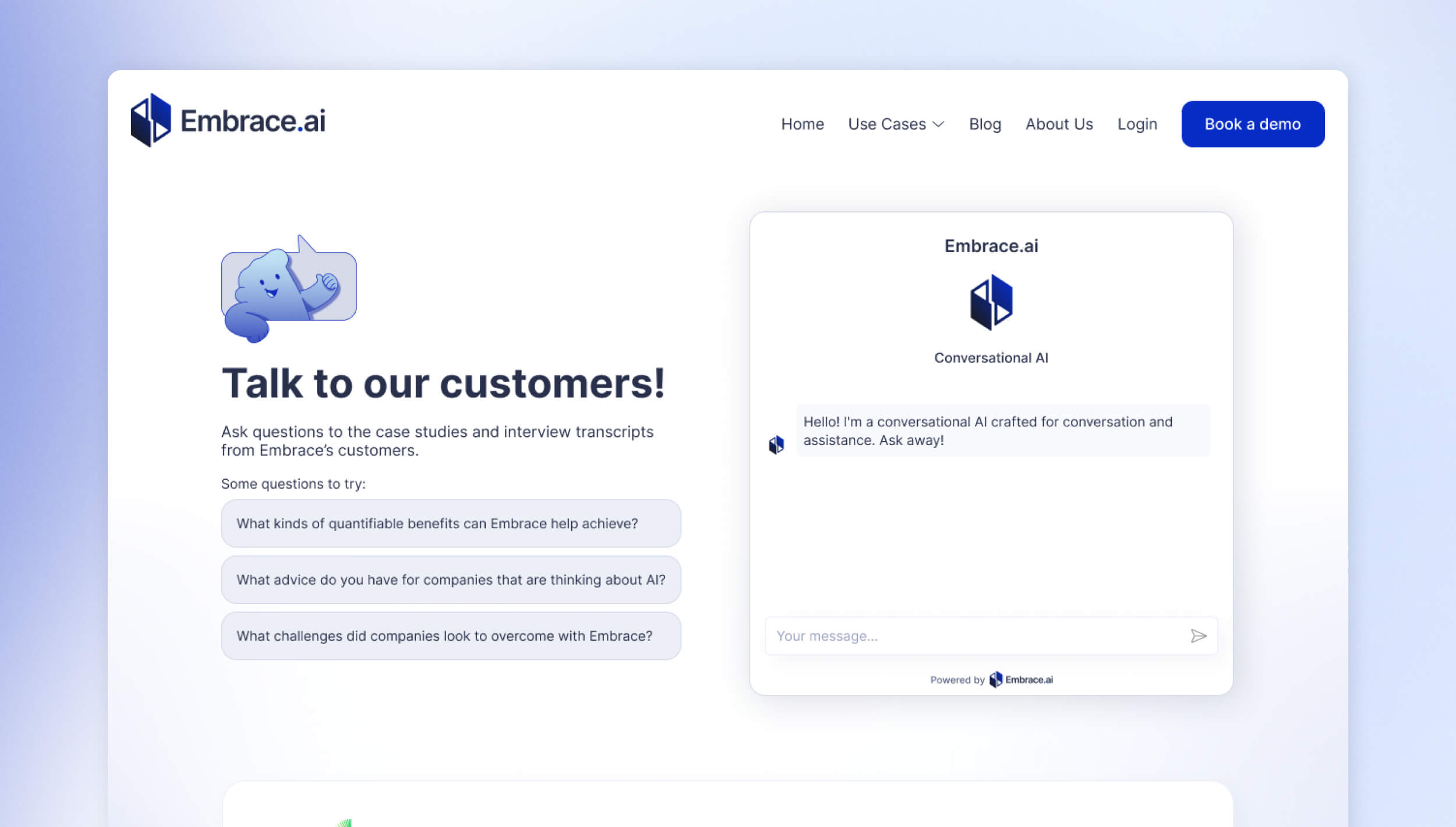 Embrace.ai's customizable embeddable widget, a versatile tool that integrates seamlessly into websites and portals, enhancing user experience with easy access to the AI-driven platform