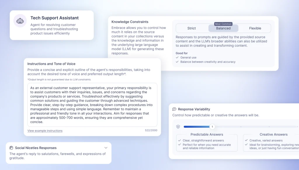 UI components of Embrace.ai showing customization options for AI agents, including brand tone, voice settings, and content control.