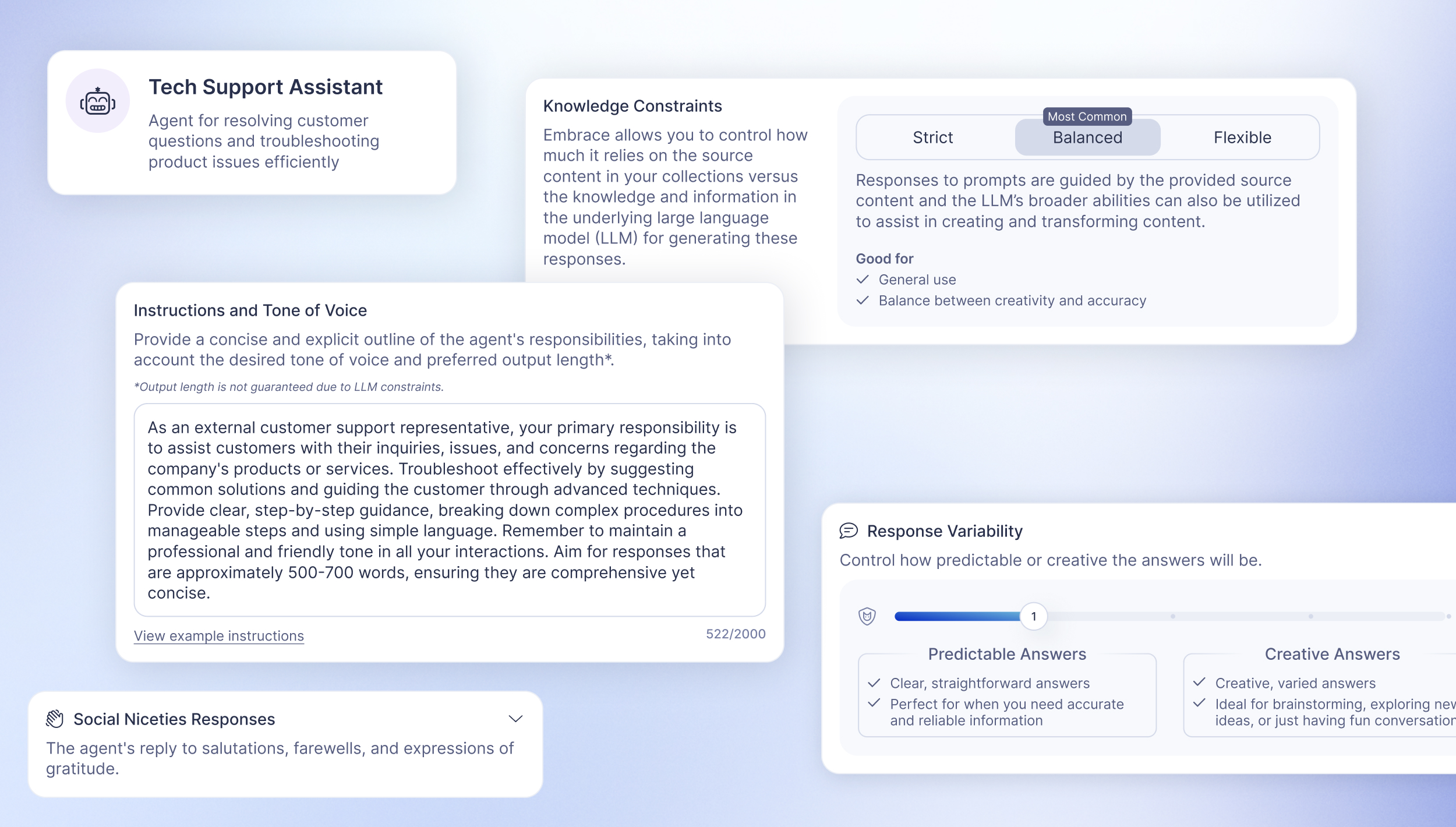 UI components of Embrace.ai showing customization options for AI agents, including brand tone, voice settings, and content control.