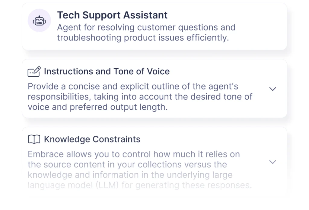 UI showing some AI agent settings used to create custom agents