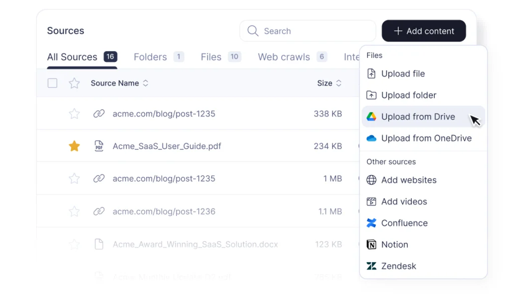 UI of a table displaying sources in a folder with a focused '+ Add content' button and a dropdown menu showing various upload options