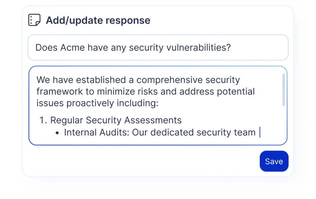 Typing in the correct answer into a text field in a container titled Add/update response