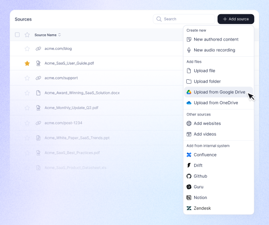 Embrace AI content sources dropdown showing file uploads, websites, audio, and integrations like Confluence, Notion, Zendesk