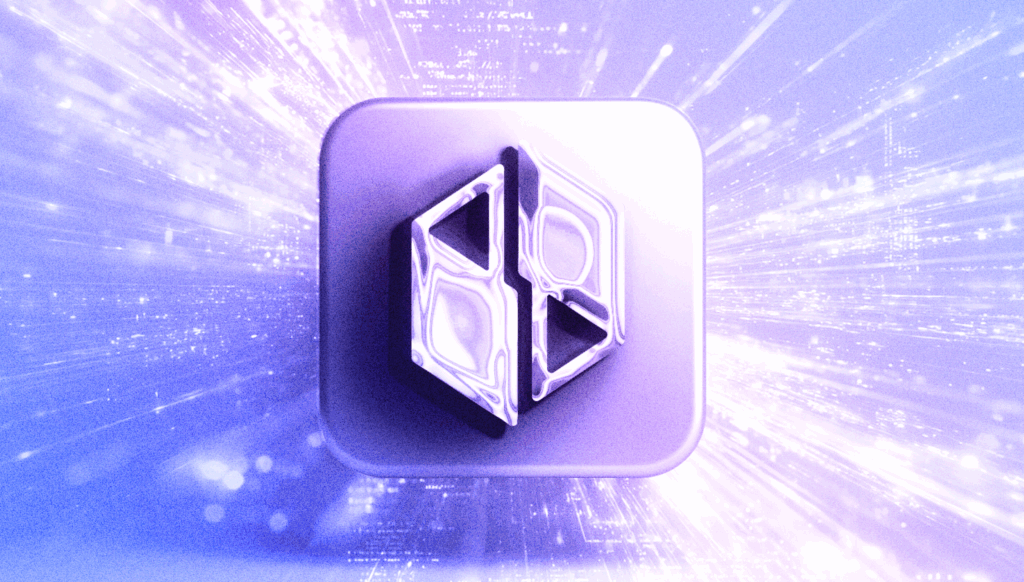 3D metallic Embrace.ai logo on a glowing square platform, with light rays and code fragments exploding from the background.