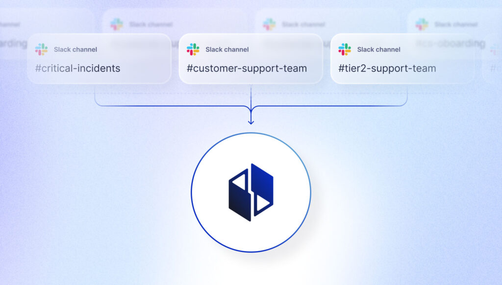 Slack channel tiles with channel names and Slack logo, arrows pointing into a circle with the Embrace.ai logo, illustrating Slack channel import into Embrace.