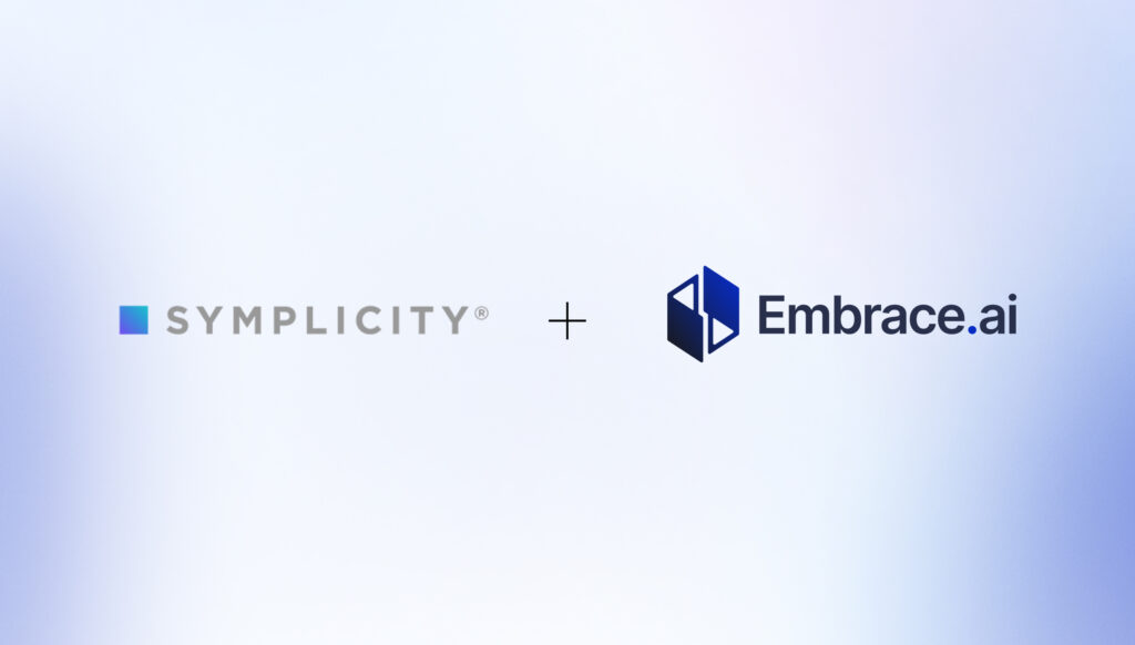 Symplicity and Embrace logos floating together on a branded gradient background.