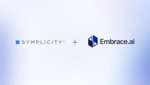 Symplicity and Embrace logos floating together on a branded gradient background.