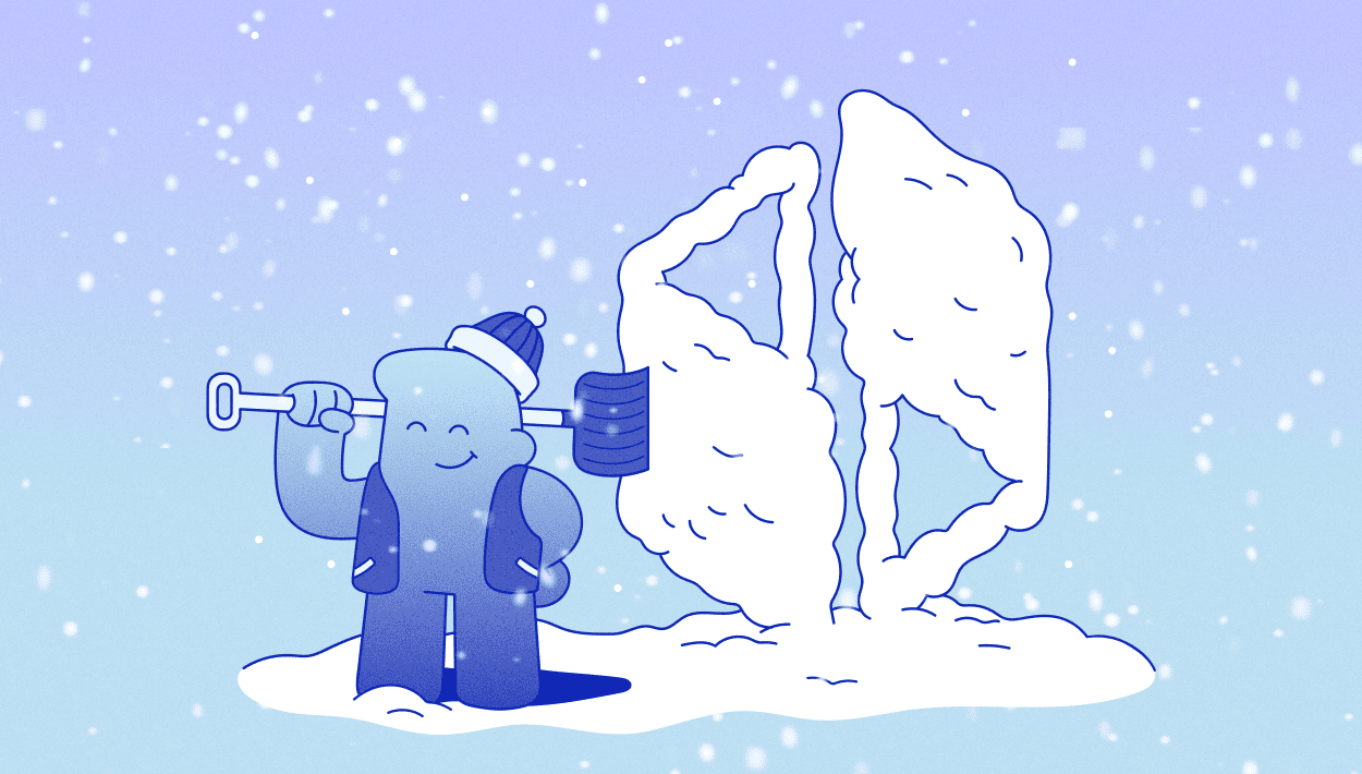 Branded character Marsh holding a shovel in front of a snow sculpture shaped like the Embrace logo, set in a snowy environment with a branded gradient background.