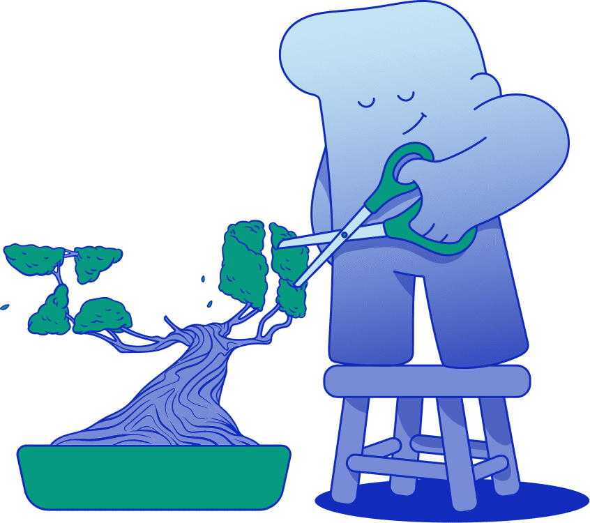 Brand character in a zenful state, gently clipping a bonsai tree with Zendesk and Embrace.ai logo leaves, symbolizing harmony and efficiency in customer support