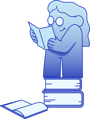 Embrace AI branded character illustration reading a case study with stacked books