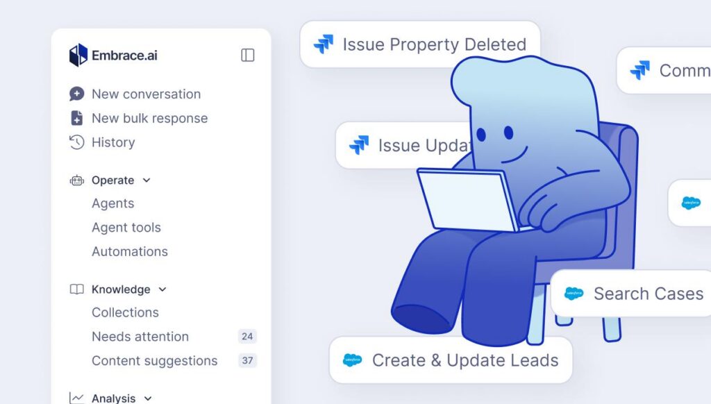 Conceptual illustration of Embrace.ai’s Spring 2026 updates: Marsh the Embrace mascot is surrounded by UI elements from the redesigned left-hand navigation menu, Jira-triggered automations (‘Issue Property Deleted,’ ‘Issue Update’), Salesforce tools (‘Search Cases,’ ‘Create & Update Leads’), and agent/knowledge features, showcasing a smarter, more connected product experience.