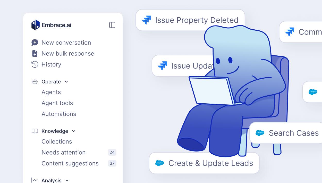 Conceptual illustration of Embrace.ai’s Spring 2026 updates: Marsh the Embrace mascot is surrounded by UI elements from the redesigned left-hand navigation menu, Jira-triggered automations (‘Issue Property Deleted,’ ‘Issue Update’), Salesforce tools (‘Search Cases,’ ‘Create & Update Leads’), and agent/knowledge features, showcasing a smarter, more connected product experience.