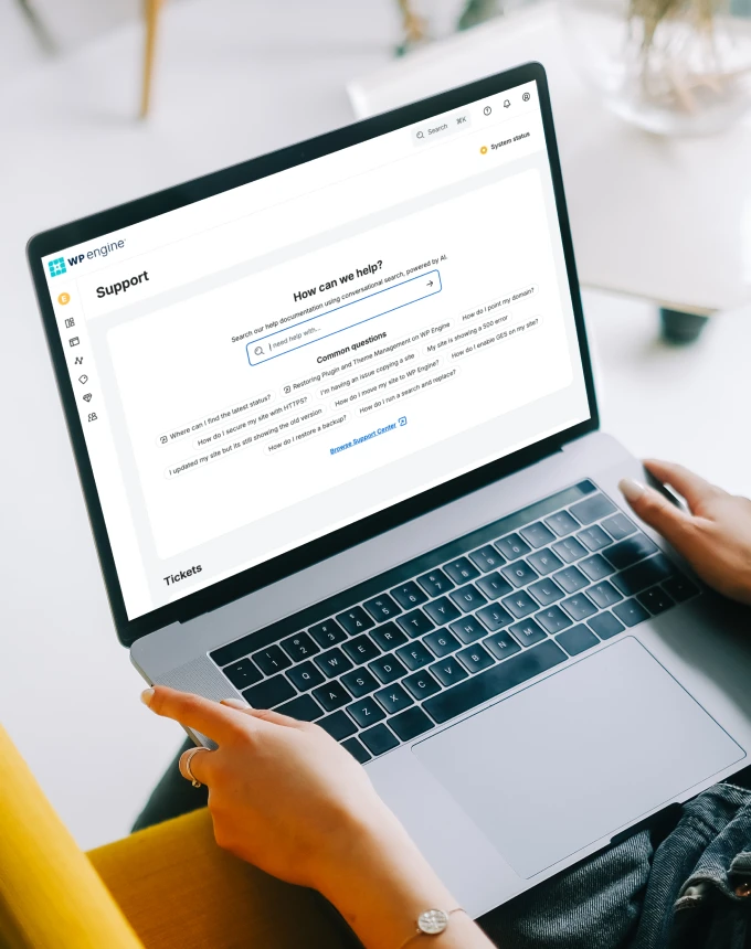 WP Engine support portal powered by Embrace AI, showing an AI-driven "How can we help?" conversational search interface with common customer questions